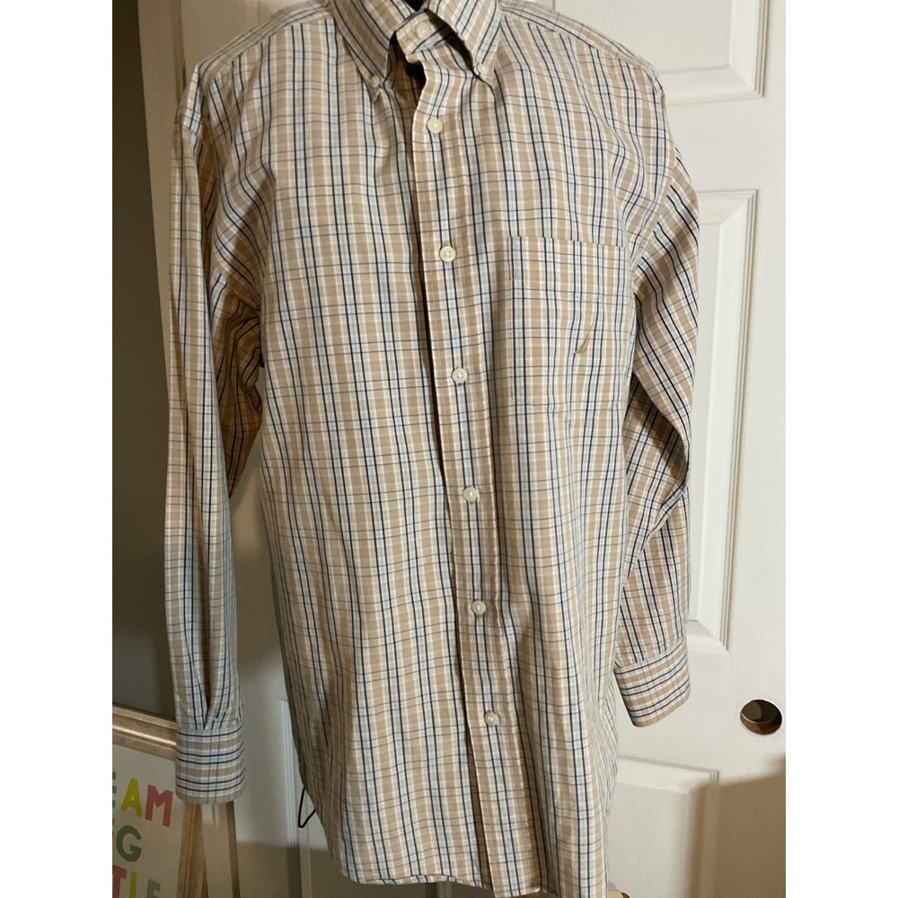 2 Nautica Mens Medium Tan Blue Plaid Long Sleeve Button Down Cotton Shirt